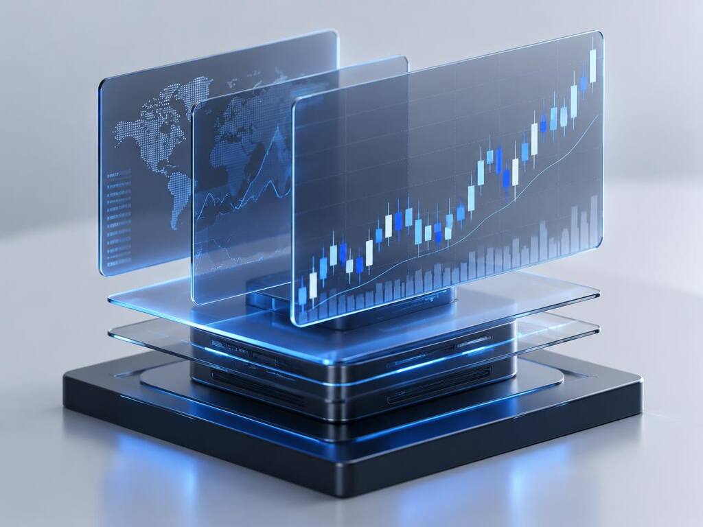 Norden Core AI trading engine visualised as layered glass panels showing candlestick market data